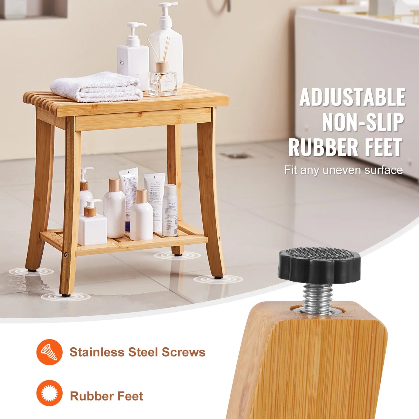 VEVOR Bamboo Shower Bench 19.1 x 11.3 x 18.3 in Waterproof Shower Stool Chair with Storage Shelf 330lbs Load Capacity Spa Seat - Vibrant Variety Store