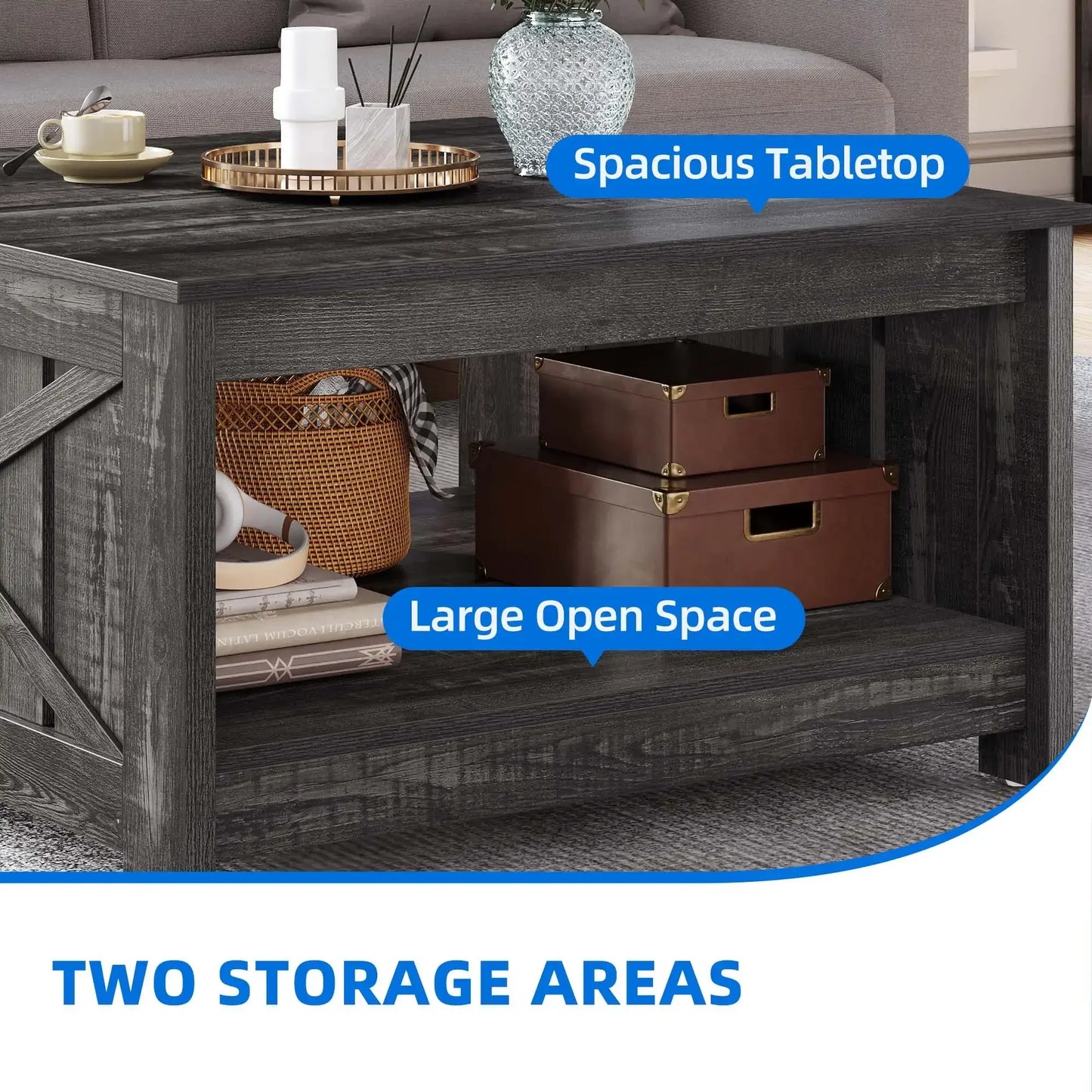 Square Farmhouse Coffee Table with Half Open Storage Compartment in Rustic Gray - Vibrant Variety Store