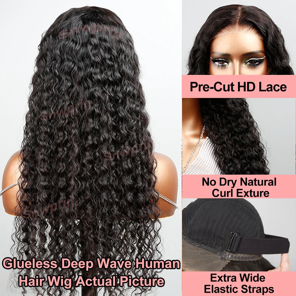 Snwprin 360 HD Full Lace Curly Human Hair Wigs Preplucked 13x6 Lace Frontal Wig Deep Wave Glueless Human Hair Ready To Wear 30In