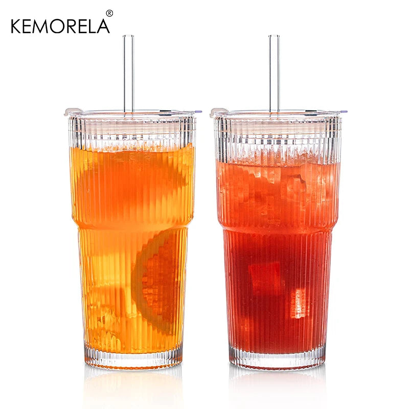 KEMORELA 20 oz Ribbed Glass Tumblers with Lids and Straws 2/4-Piece Glassware Set for Iced Coffee Smoothies Cocktails and Juices