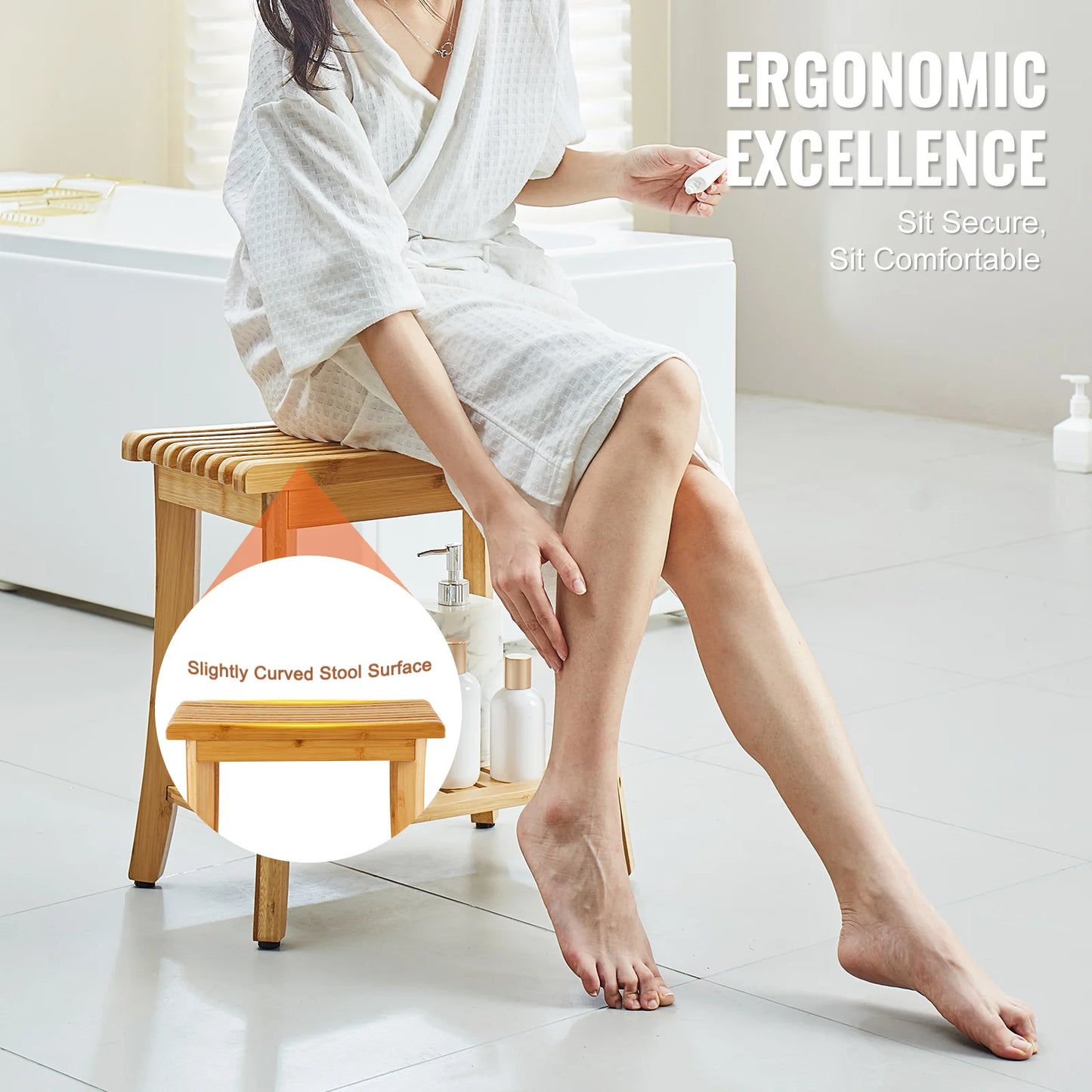 VEVOR Bamboo Shower Bench 19.1 x 11.3 x 18.3 in Waterproof Shower Stool Chair with Storage Shelf 330lbs Load Capacity Spa Seat - Vibrant Variety Store