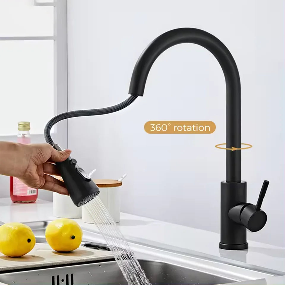 Kitchen Stainless Steel Hot and Cold Pull-Out Faucet with Three Functional Nozzles - Vibrant Variety Store