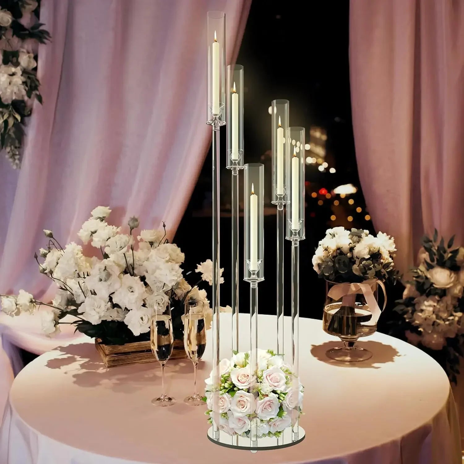 Clear Floor Candle Holders with Round Mirror Base Glass Candle Holder for Engagements and Centerpieces - Vibrant Variety Store