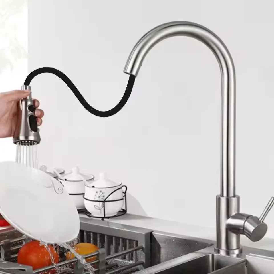 Kitchen Stainless Steel Hot and Cold Pull-Out Faucet with Three Functional Nozzles - Vibrant Variety Store
