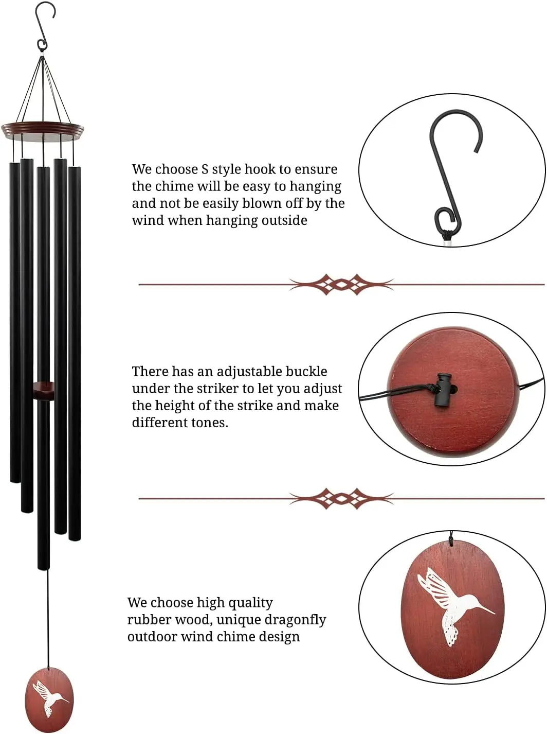 60" Wind Chimes Outdoor, WindChimes Large Wind Chimes for Outside Deep Tone with 5 Tuned Tubes and S Hook - Vibrant Variety Store