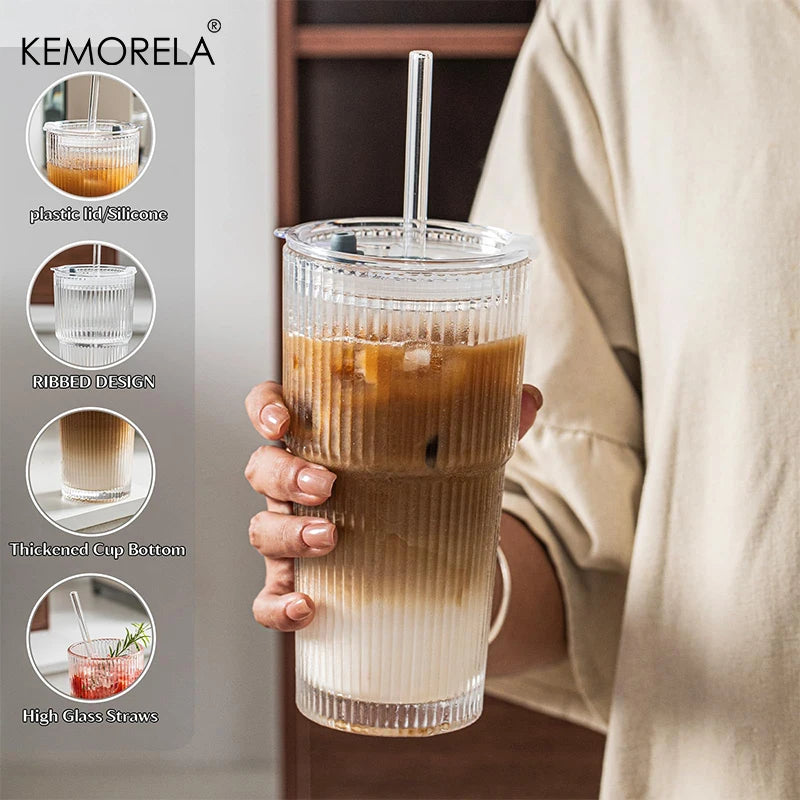 KEMORELA 20 oz Ribbed Glass Tumblers with Lids and Straws 2/4-Piece Glassware Set for Iced Coffee Smoothies Cocktails and Juices