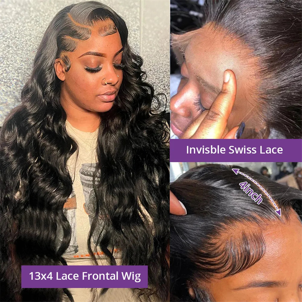 Body Wave 13x6 HD Transparent Lace Front Human Hair Wig 200 Density 13x4 Lace Frontal Wigs 30 40 Inch PrePlucked Lace - Vibrant Variety Store