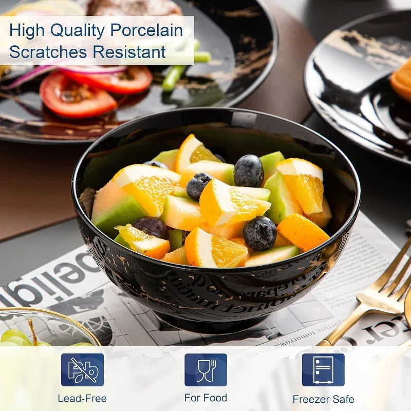 Plates and Bowls Sets for 4, Black Dinnerware Sets 16 Piece Gold Splash Glaze Round Dish Set, Porcelain Plate - Vibrant Variety Store