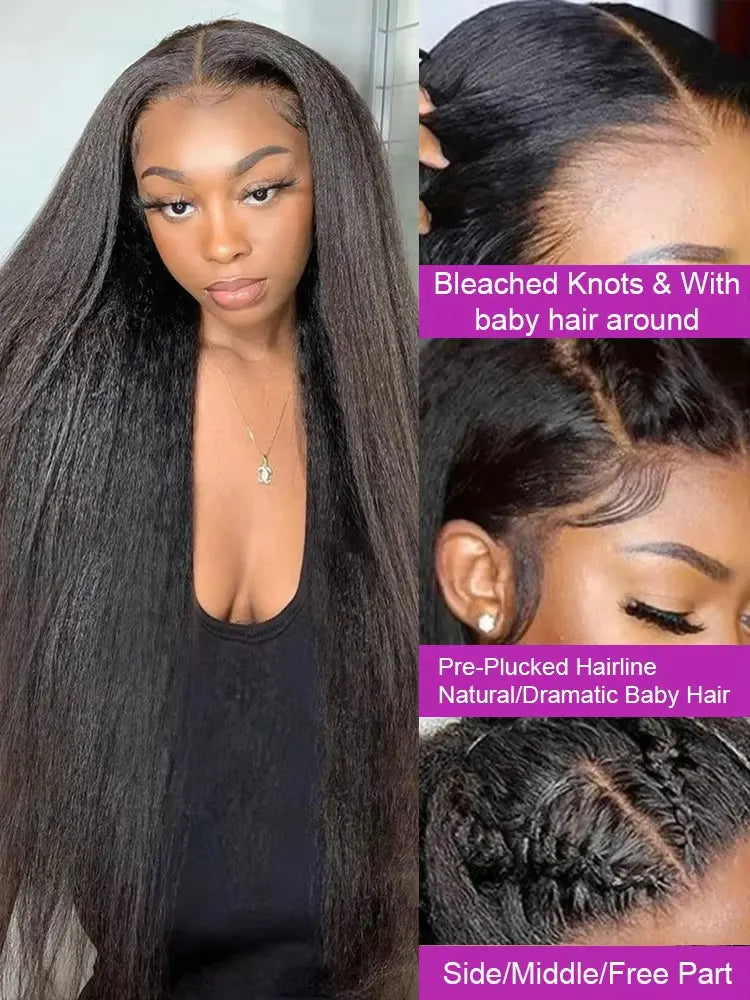 5x5 Kinky Straight Glueless Wigs Pre Cut Lace Kinky Straight Lace Front Wig  Yaki Straight Human Hair Wig For Woman 250% Density - Vibrant Variety Store