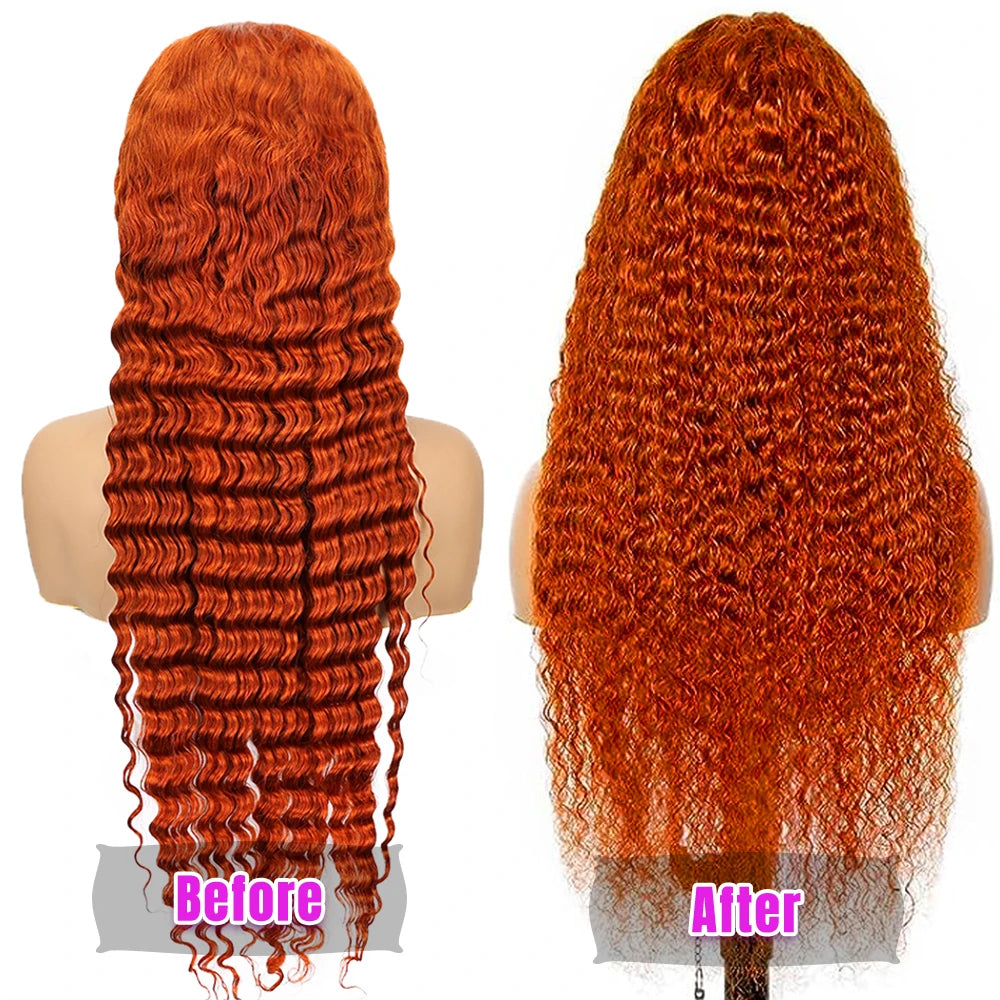 30-36 Inch Orange Ginger Deep Wave Human Hair Wig 13x4 13x6 HD Lace Curly Wave Color Lace Frontal Human Hair Wigs For Women 4x4 - Vibrant Variety Store