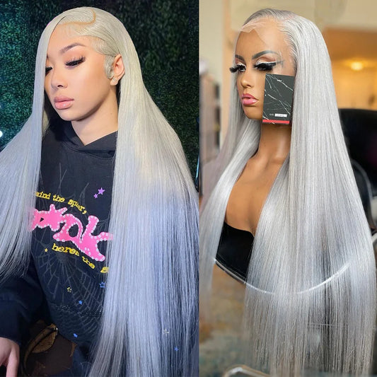 13x6 Silver Grey Straight Lace Front Human Hair Wigs Pre Plucked 613 Blonde Body Wave Frontal Wigs For Women Brazilian Hair Wigs - Vibrant Variety Store