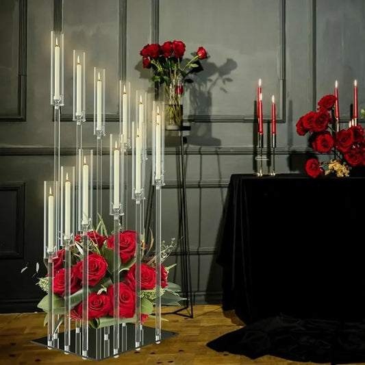 Clear Floor Candle Holders with Round Mirror Base Glass Candle Holder for Engagements and Centerpieces - Vibrant Variety Store