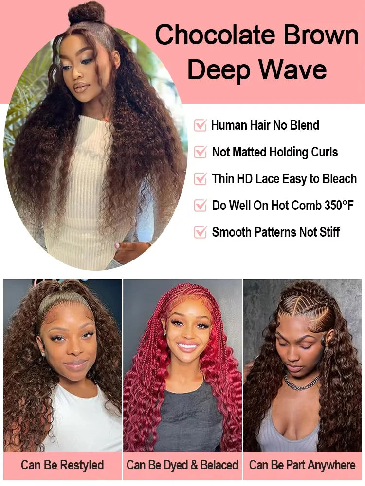 40Inch 13x6 Chocolate Brown Deep Wave Lace Frontal Wigs Human Hair Preplucked Colored Curly Human Hair Wigs For Women 200Density - Vibrant Variety Store