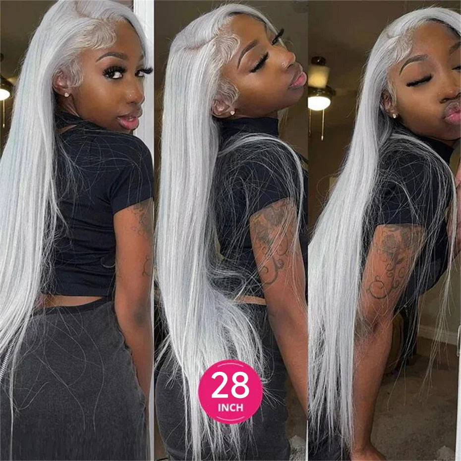 13x6 Silver Grey Straight Lace Front Human Hair Wigs Pre Plucked 613 Blonde Body Wave Frontal Wigs For Women Brazilian Hair Wigs - Vibrant Variety Store