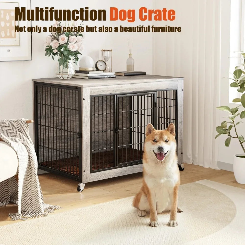 Modern Dog Crate Furniture with Cushion Double Door Wooden Dog Kennel Indoor with Wheels - Vibrant Variety Store