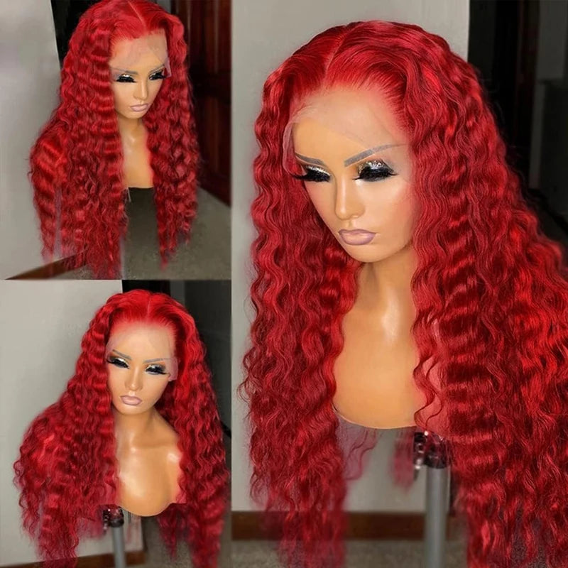 Brazilian 40Inch Deep Wave 13x4 13x6 HD Transparent Human Hair Wig Remy Wet And Wavy Red Closure Curly Wave Lace Frontal Wig