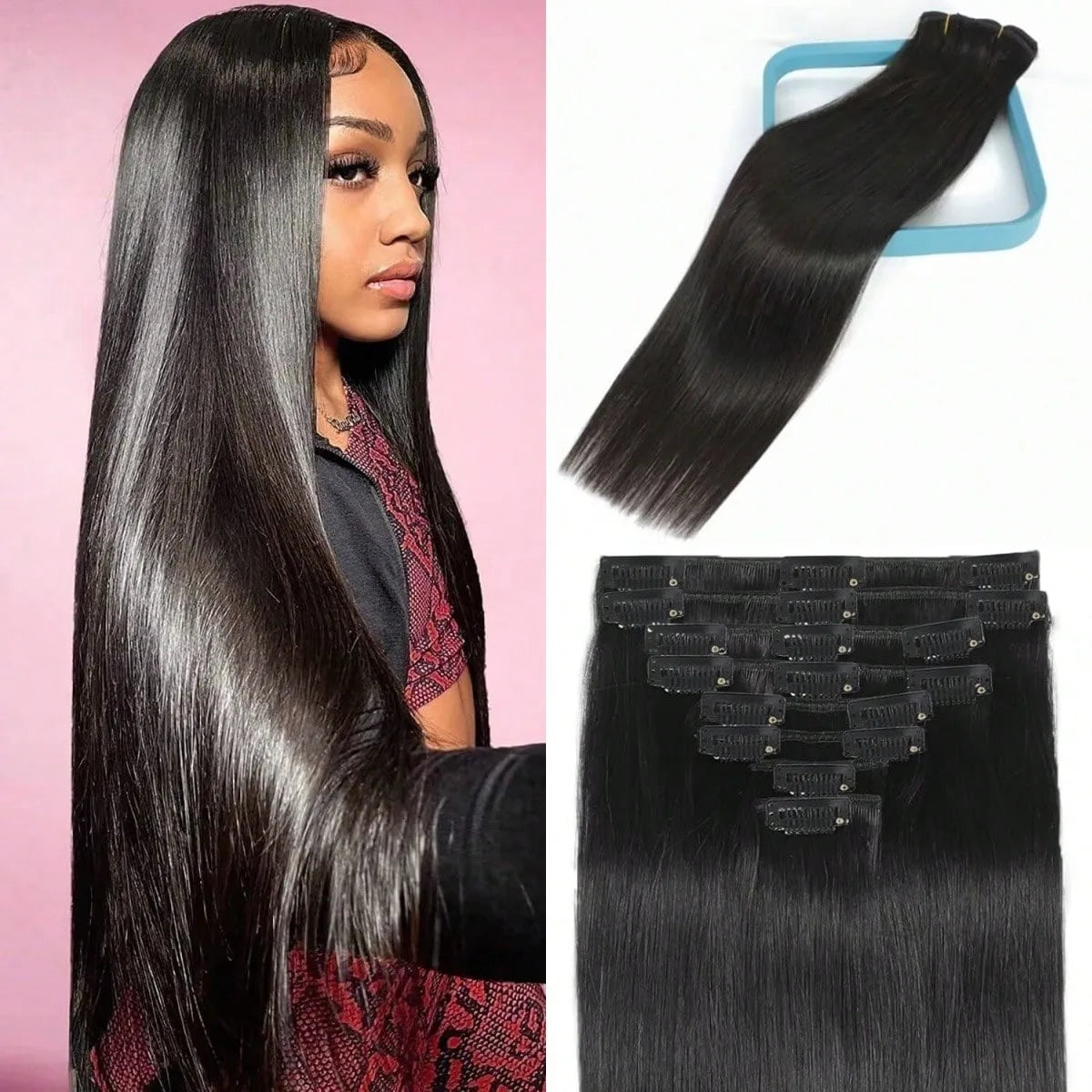 28Inch Stright Clip In Hair Extensions Human Hair 8pcs Straight Hair Silky Black/613 Blonde/Highlight/Ginger/99J/27# - Vibrant Variety Store