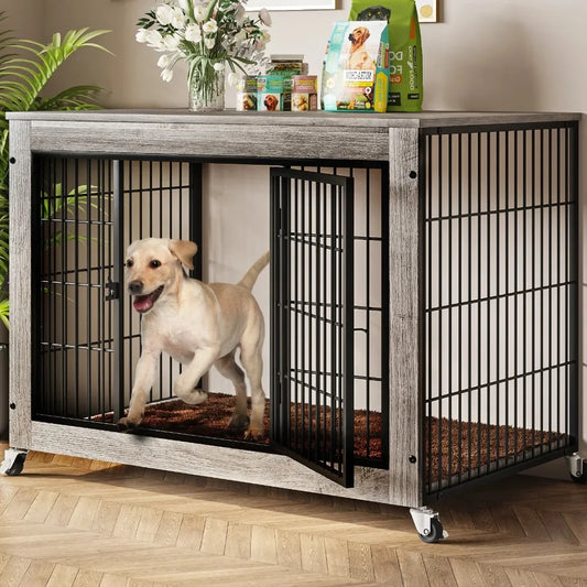 Modern Dog Crate Furniture with Cushion Double Door Wooden Dog Kennel Indoor with Wheels - Vibrant Variety Store