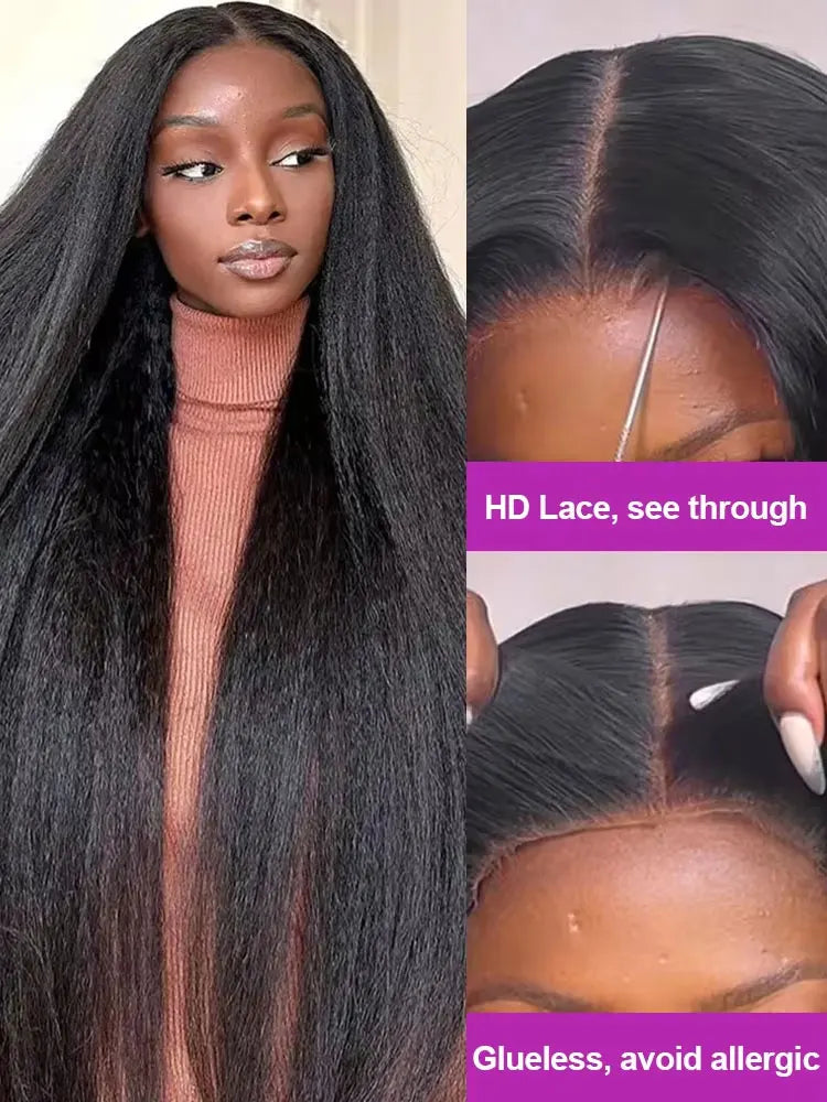 5x5 Kinky Straight Glueless Wigs Pre Cut Lace Kinky Straight Lace Front Wig  Yaki Straight Human Hair Wig For Woman 250% Density - Vibrant Variety Store
