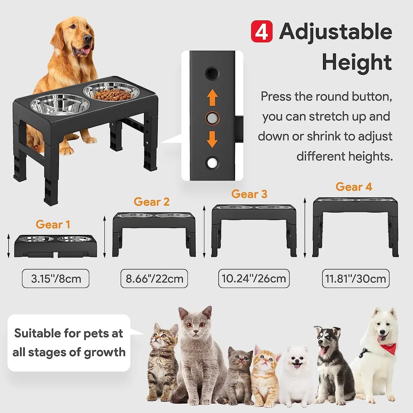 Multi Heights Folding Dog and Cat Bowls Adjustable Stainless Steel Elevated Feeder for Small and Large Pets - Vibrant Variety Store