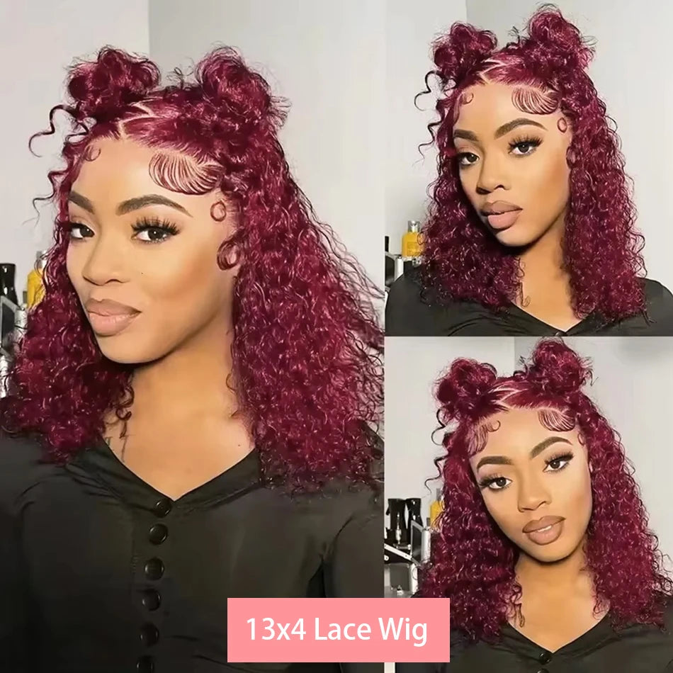 200% 99J Burgundy Short Bob Hair Wig 13x4 Lace Front Wig Human Hair Red Colored Deep Water Wave Lace Frontal Wig 100% Human Hair
