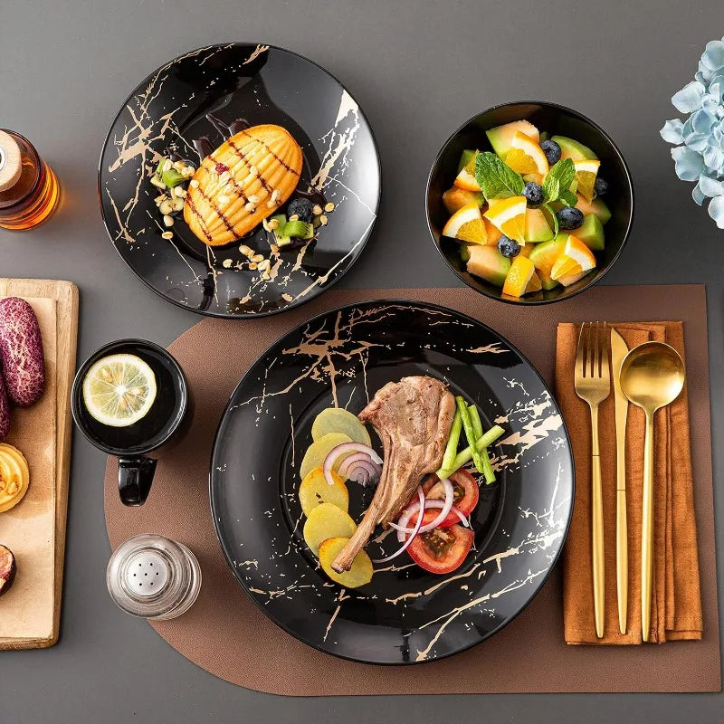 Plates and Bowls Sets for 4, Black Dinnerware Sets 16 Piece Gold Splash Glaze Round Dish Set, Porcelain Plate - Vibrant Variety Store