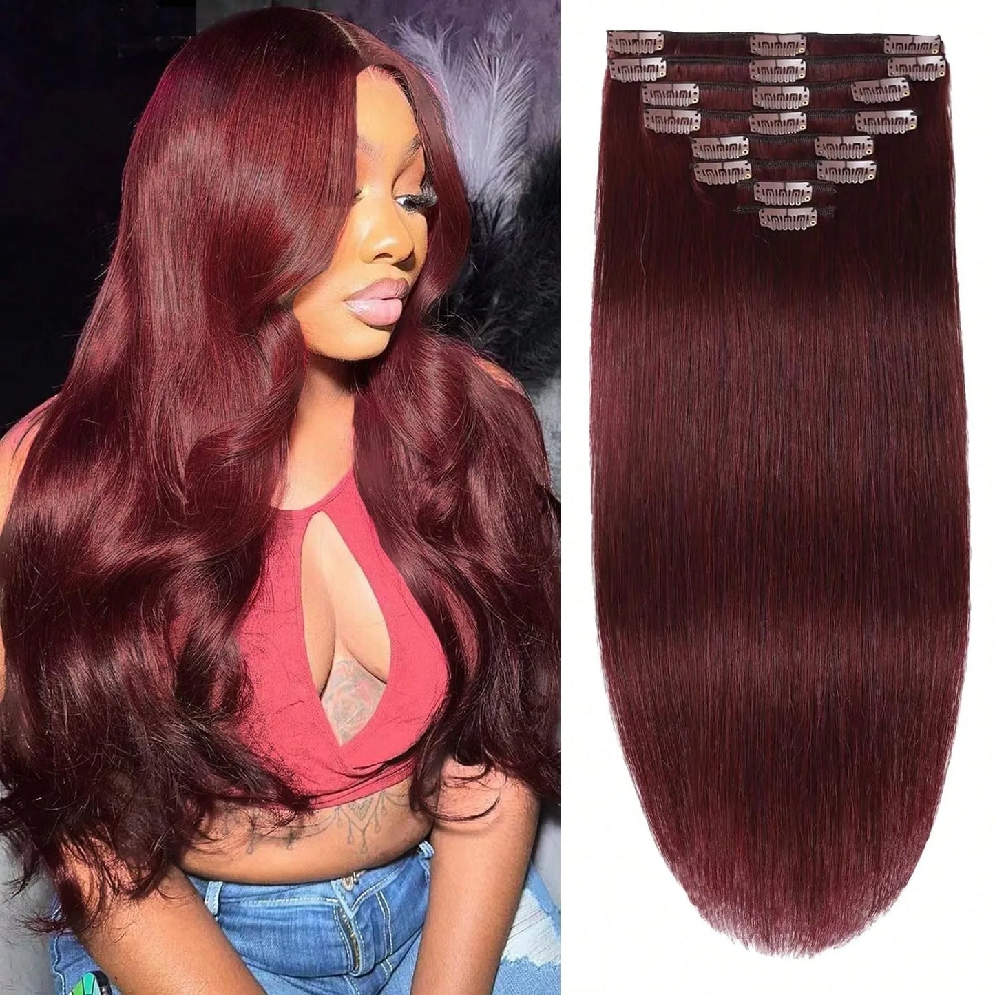 28Inch Stright Clip In Hair Extensions Human Hair 8pcs Straight Hair Silky Black/613 Blonde/Highlight/Ginger/99J/27# - Vibrant Variety Store