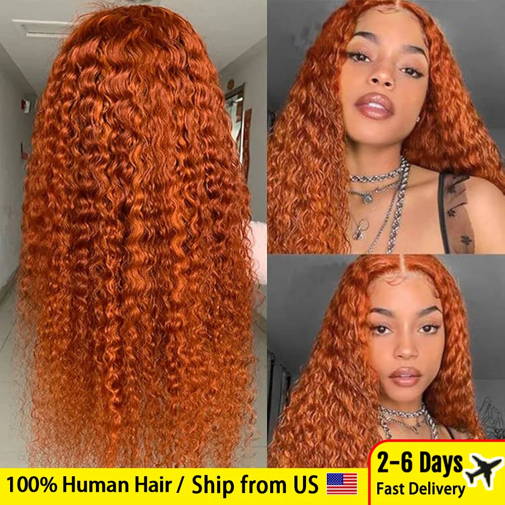 30-36 Inch Orange Ginger Deep Wave Human Hair Wig 13x4 13x6 HD Lace Curly Wave Color Lace Frontal Human Hair Wigs For Women 4x4 - Vibrant Variety Store