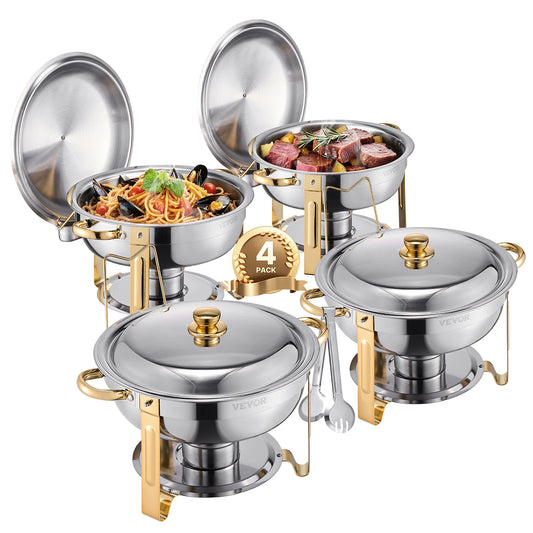 VEVOR 4 Pack Chafing Dish Buffet Set Stainless Steel Chafer with 4 Full Size Pan Round Catering Warmer Server for Party Banquets - Vibrant Variety Store