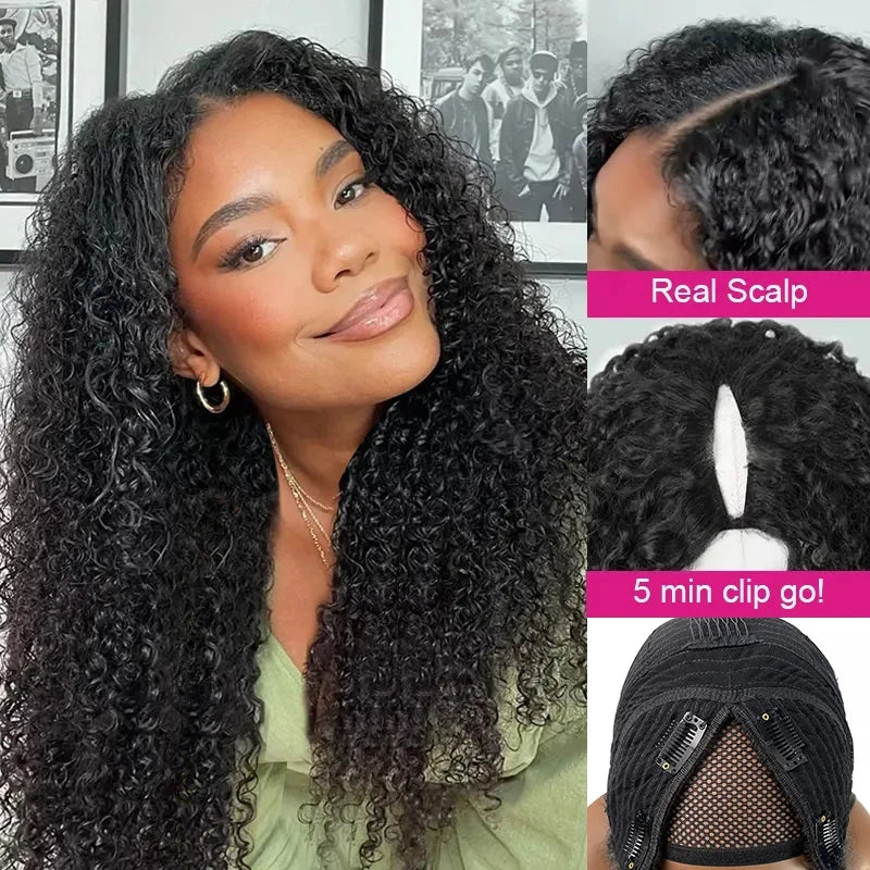 Glueless Kinky Curly V Part Wig Human Hair No Lace Wig Deep Wave Frontal Wig Water Wave Human Hair Wig Brazilian Hair For Women