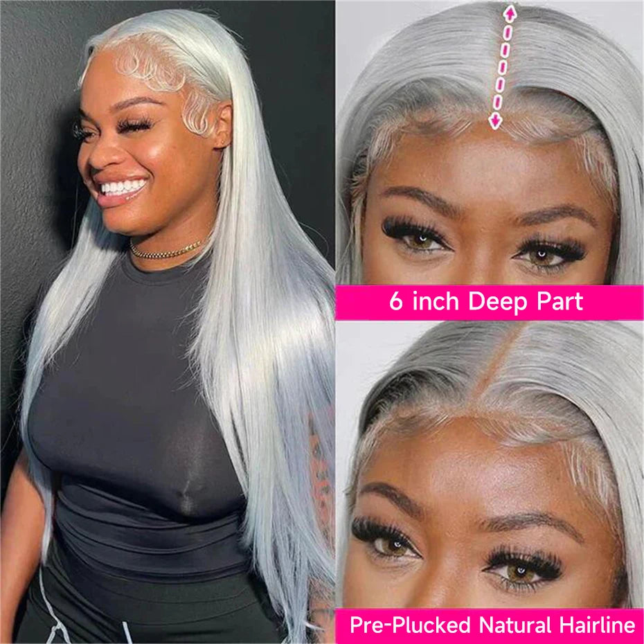 13x6 Silver Grey Straight Lace Front Human Hair Wigs Pre Plucked 613 Blonde Body Wave Frontal Wigs For Women Brazilian Hair Wigs - Vibrant Variety Store