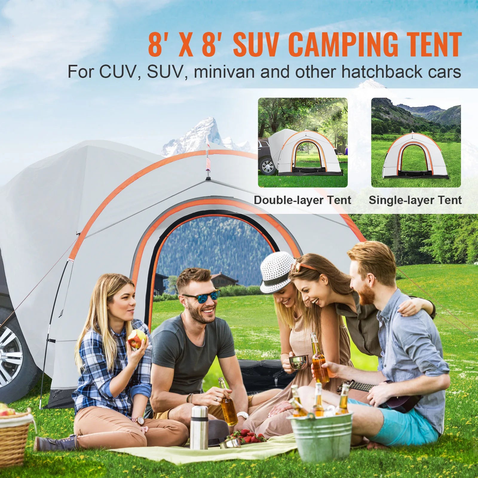 SucceBuy SUV Camping Tent, 8'-8' SUV Tent Attachment for Camping with Rain Layer and Carry Bag, PU2000mm Double Layer Truck Tent - Vibrant Variety Store