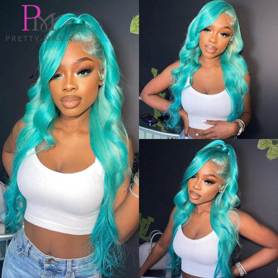 13x6 Cyan Blue Lace Front Wig Body Wave Light Green Lace Front Wig Human Hair Pre Plucked Blonde 613 Lace Frontal Wigs For Women - Vibrant Variety Store